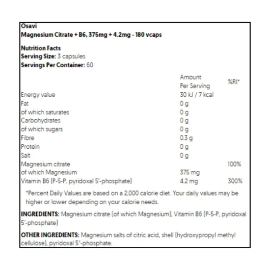 Osavi Magnesium Citrate + B6 375mg + 4.2mg Capsules 180 Capsules