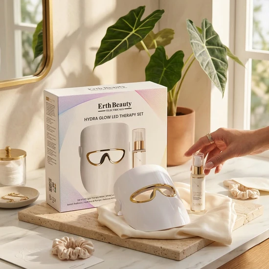 Erth Skin London Hydra Glow LED Therapy Set LED Light Therapy Mask White with HA Serum