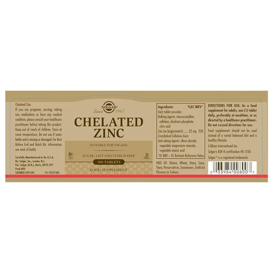 Solgar Chelated Zinc Tablets 100 Tablets