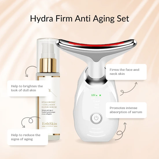 Erth Skin London Hydra Firm Anti Ageing Set Age Defying Face And Neck Massager White With HA Serum