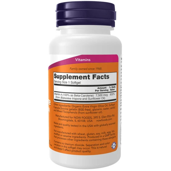 NOW Foods Beta Carotene Natural 25000iu Softgels 180 Softgels