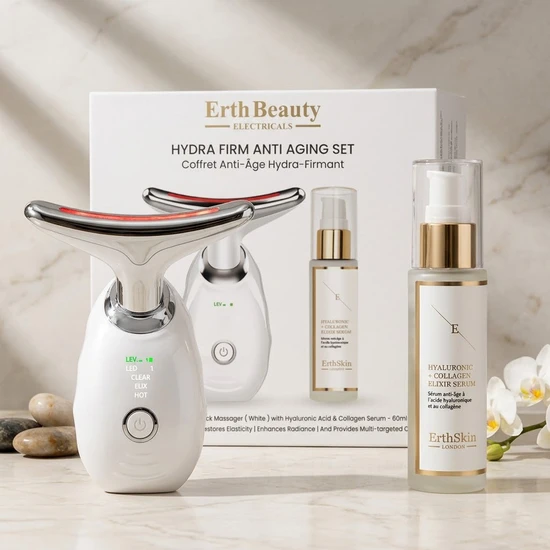 Erth Skin London Hydra Firm Anti Ageing Set Age Defying Face And Neck Massager White With HA Serum