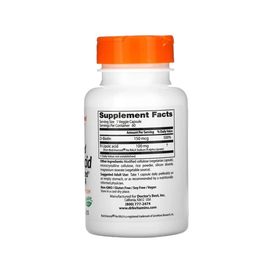 Doctor's Best Stabilised R-Lipoic Acid With BioEnhanced Na-RALA 100mg Vegicaps 60 Vegicaps