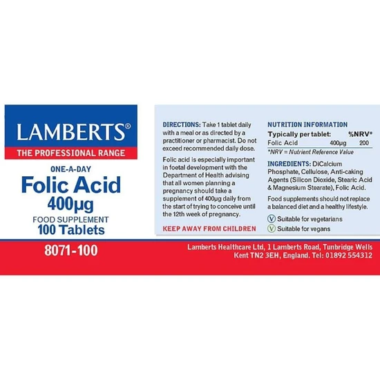 Lamberts Folic Acid 400ug Tablets 100 Tablets