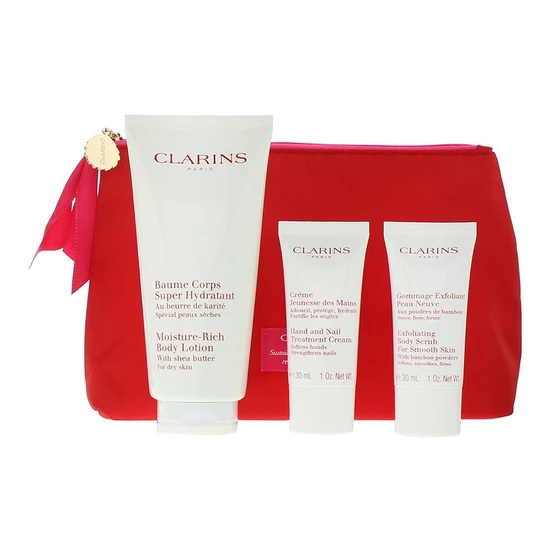 Clarins Body Care Essentials Moisture-Rich Body Lotion + Exfoliating Body Scrub + Hand & Nail Treatment Cream