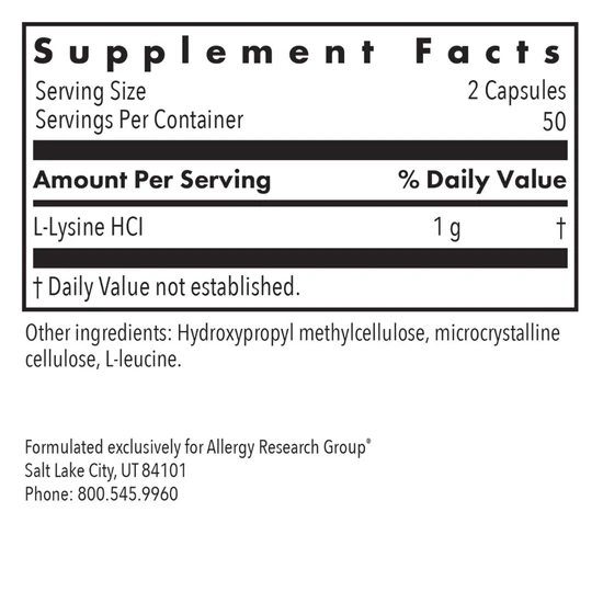 Allergy Research Group L-Lysine 500mg Capsules 100 Capsules