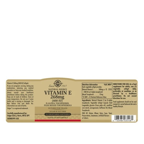 Solgar Vitamin E 268mg 400iu Vegetarian Softgels 50 Softgels