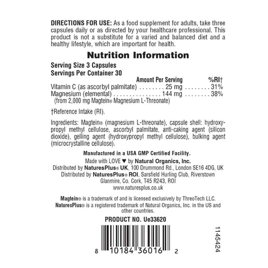 Nature's Plus Magtein Magnesium L-Threonate Capsules 90 Capsules