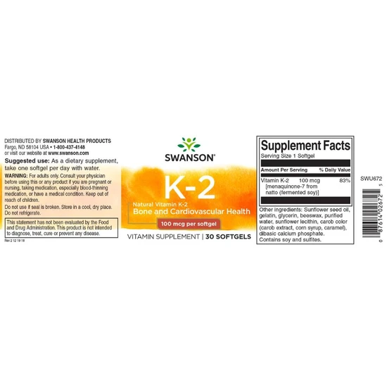 Swanson Vitamin K2 Natural 100mcg | 30 Soft Gels