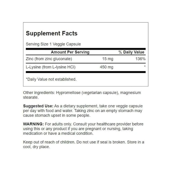 Swanson Zinc Gluconate & L-Lysine Capsules 90 Capsules