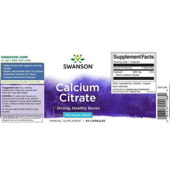 Swanson Calcium Citrate Capsules 200mg x 60
