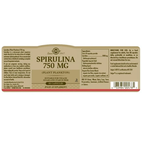 Solgar Spirulina 750mg Capsules 80 Capsules
