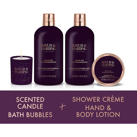 Baylis & Harding Limited Edition Wild Fig & Pomegranate Luxury Candlelit Bathtime Gift Set 2 x 300ml Bubble Bath, 300ml Shower Cream & 50ml Lotion