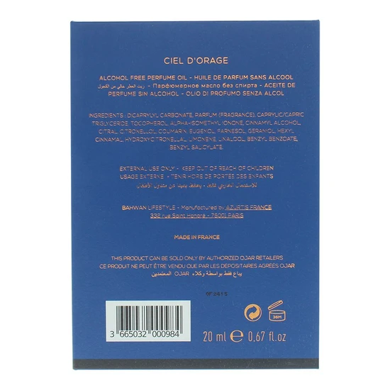 Ojar Ciel D`Orage Absolute Alcohol Free Perfume Oil 20ml