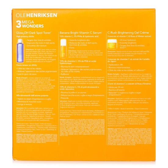 Ole Henriksen 3 Mega Wonders Set: Banana Bright Vitamin C Serum 15ml + Glow2OH Dark Spot Toner 190ml + C-Rush Brightening Gel Creme 35ml 3pcs