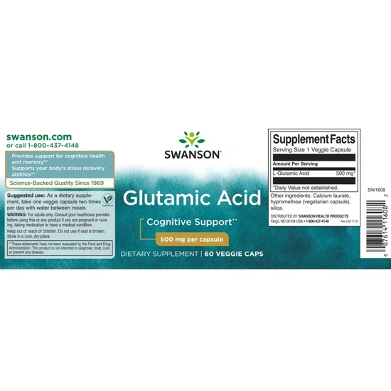 Swanson Glutamic Acid 500mg Capsules 60 Capsules