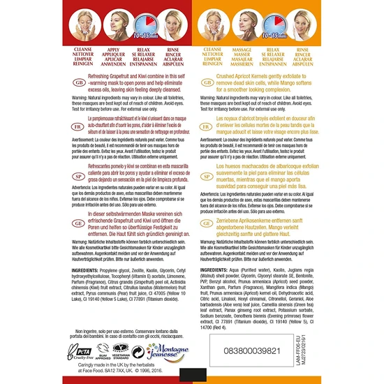 Montagne Jeunesse 7th Heaven Face Food Twin Masks Apricot & Mango Exfoliating Mask & Self Heat Mask Grapefruit & Kiwi 2 x 6ml