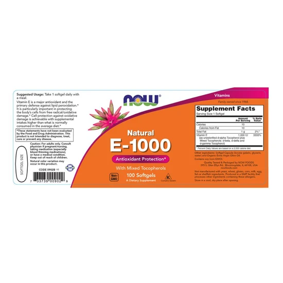 NOW Foods Vitamin E-1000 Natural Mixed Tocopherols 100 Softgels