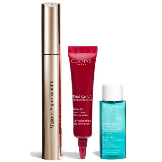 Clarins All About Eyes Gift Set 8ml Supra Volume Mascara, 10ml Instant Eye Make-Up Remover & 7ml Total Eye Lift