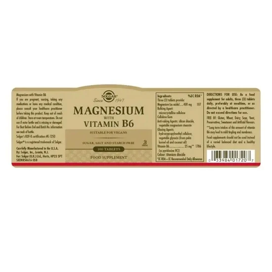 Solgar Magnesium With Vitamin B6 Tablets 100 Tablets