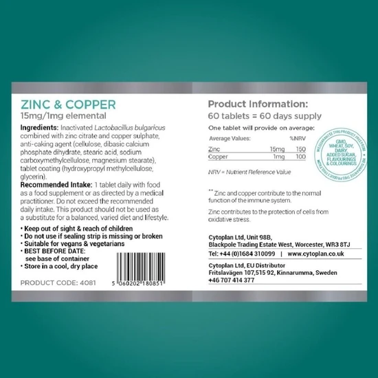 Cytoplan Zinc/Copper 15mg/1mg Tablets 60 Tablets