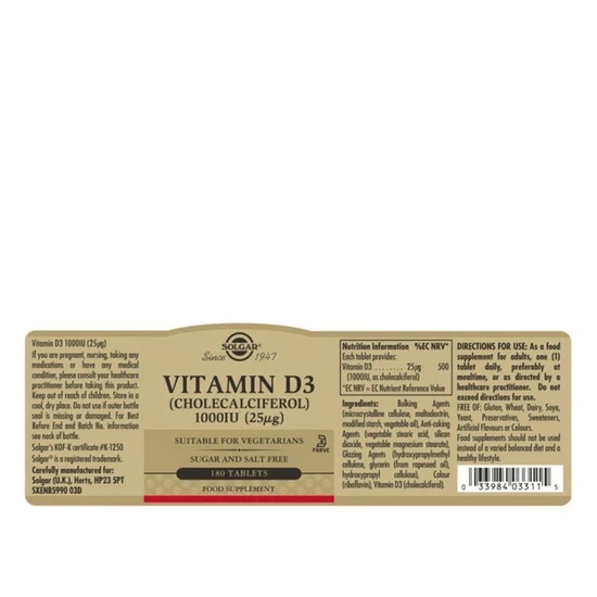 Solgar Vitamin D3 25ug 1000iu Tablets 180 Tablets