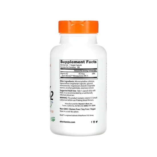 Doctor's Best Natural Vitamin K2 MK7 With MenaQ7, 45mcg Vegicaps 180 Vegicaps