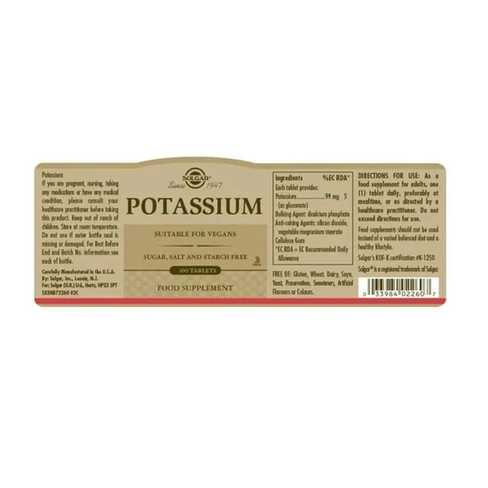 Solgar Potassium Tablets 100 Tablets