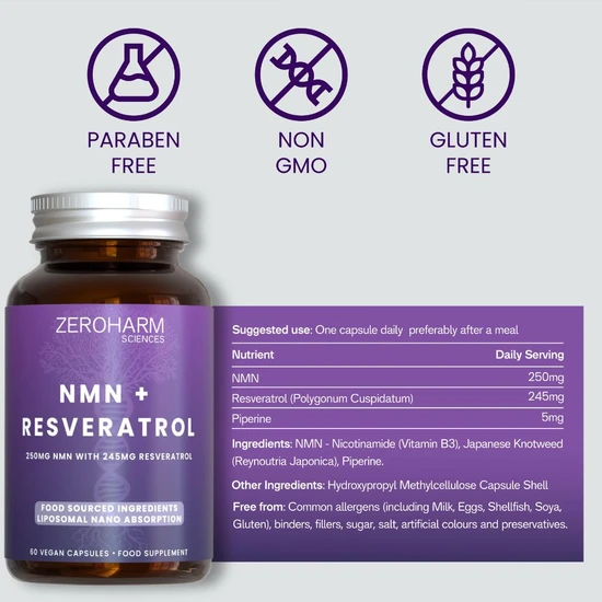 ZeroHarm Liposomal NMN 250mg + Resveratrol Capsules 60 Capsules