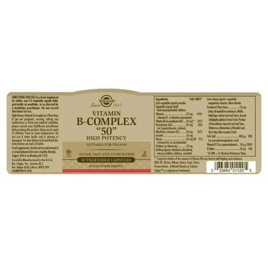 Solgar Vitamin B-Complex "50" High Potency Vegetable Capsules x50