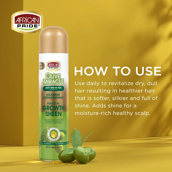 African Pride Olive Miracle Maximum Strengthening Growth Sheen Spray 226g