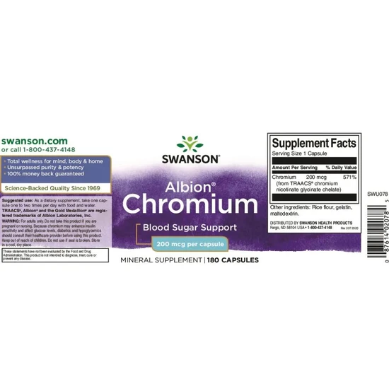 Swanson Albion Chelated Chromium Capsules 200mcg - 180 Capsules