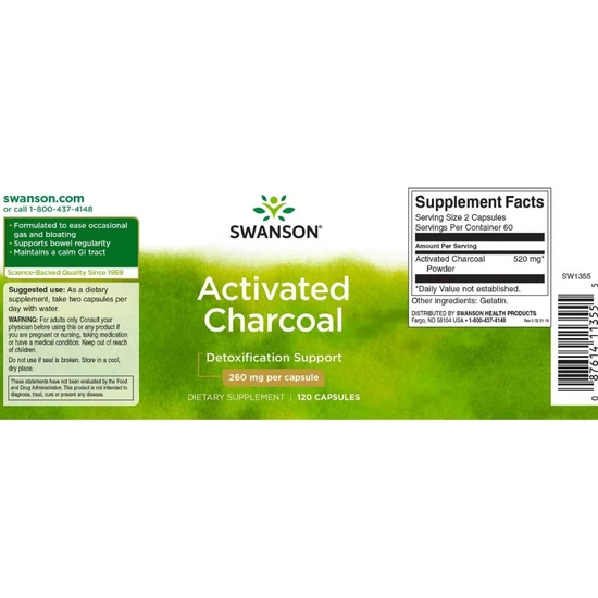 Swanson Activated Charcoal 260mg Capsules 120 Capsules