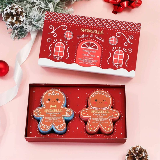 Spongelle Sugar & Spice Body Wash Infused Buffers Gift Set Gingerbread & Candy Cane