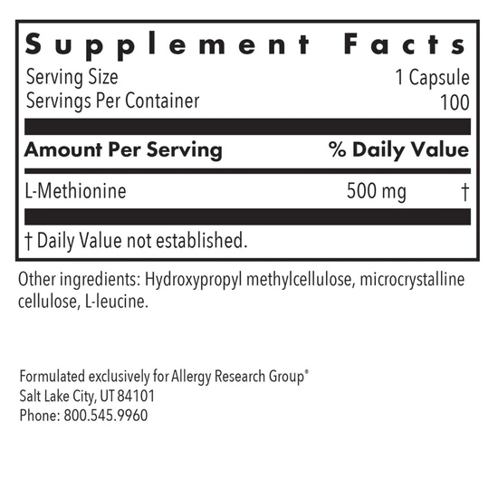 Allergy Research Group L-Methionine 500mg Capsules 100 Capsules