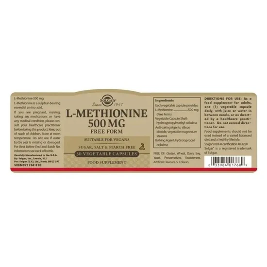 Solgar L-Methionine 500mg Vegicaps 30 Vegicaps