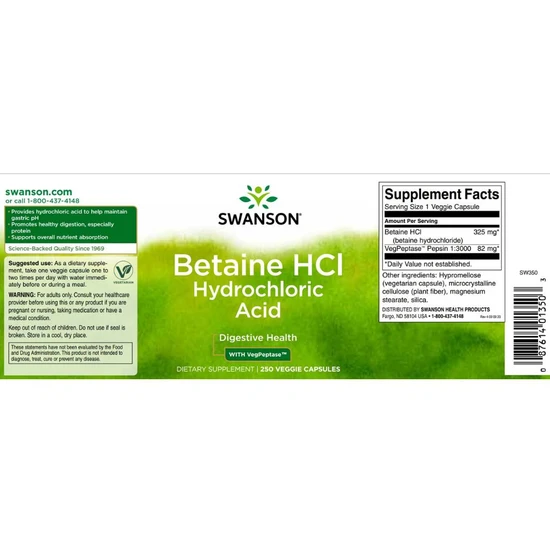 Swanson Betaine HCl Hydrochloric Acid Capsules 250 Capsules