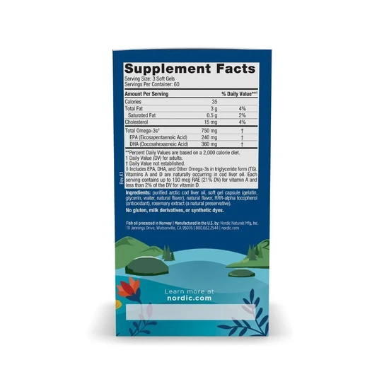 Nordic Naturals Arctic Cod Liver Oil, 750mg Lemon 180 Softgels