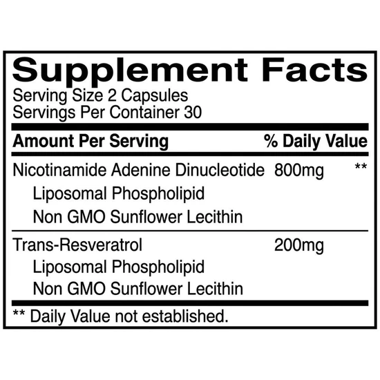 Cell Naturals Liposomal NAD+ 800mg Resveratrol Capsules 60 Capsules