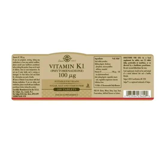 Solgar Vitamin K1 Natural 100ug Tablets 100 Tablets