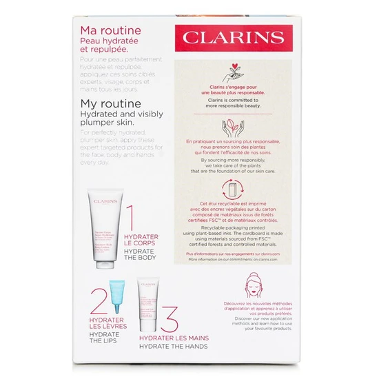 Clarins Perfect Hydration Body Gift Set 200ml Super Hydrating Body Balm, 30ml Youthful Hand Cream & 3ml Hydra-Essentiel Repairing Lip Balm