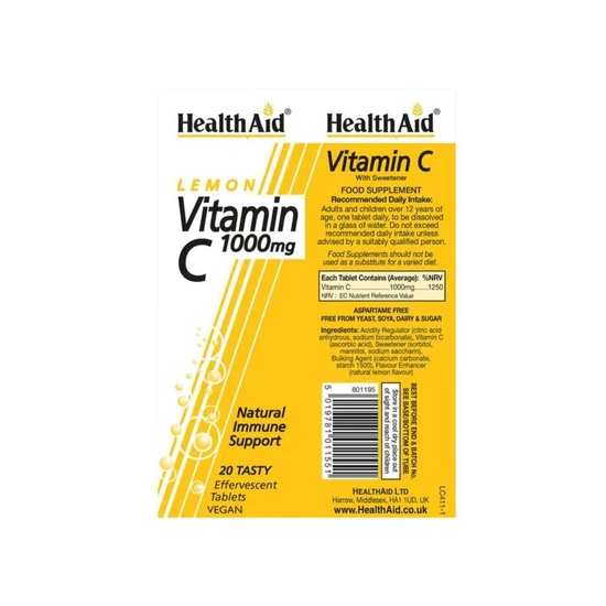 Health Aid Vitamin C 1000mg Effervescent Lemon Flavour Tablets 20 Tablets