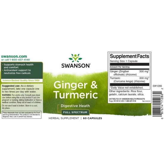 Swanson Ginger & Turmeric Capsules 60 Capsules