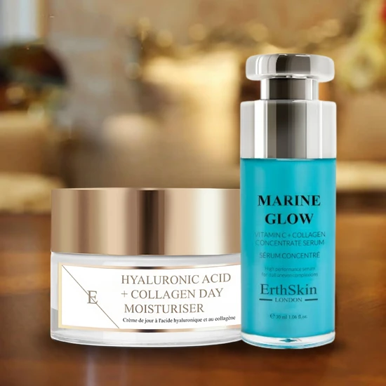 Erth Skin London Hyaluronic Acid & Collagen Day Cream + Marine Glow Vitamin C + Collagen Concentrate Serum 50ml + 30ml