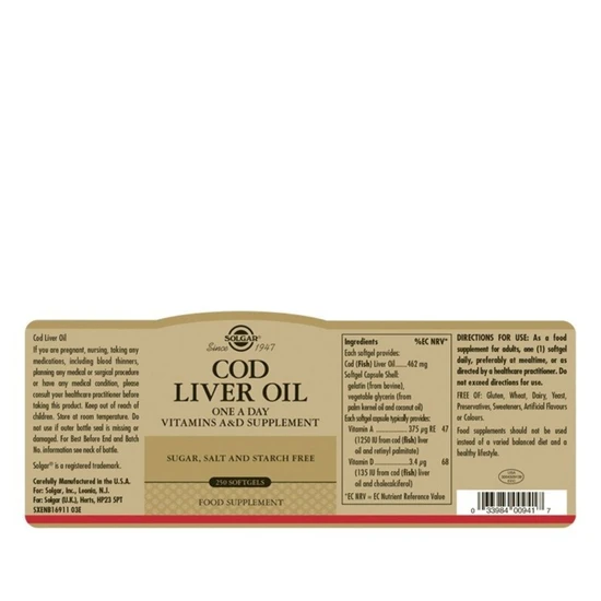 Solgar Cod Liver Oil Softgels 250 Softgels