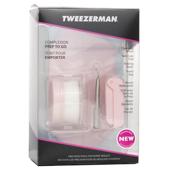 Tweezerman Complexion Prep To Go Set: Cleansing Brush + Skin Care Tool + Folding Razor + Travel Bag 3pcs + 1 Bag