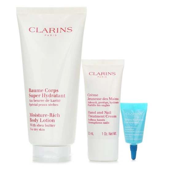 Clarins Perfect Hydration Body Gift Set 200ml Super Hydrating Body Balm, 30ml Youthful Hand Cream & 3ml Hydra-Essentiel Repairing Lip Balm