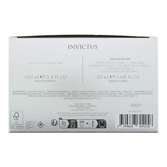 Paco Rabanne Invictus Eau De Toilette Gift Set 100ml + 20ml