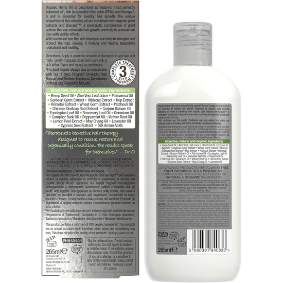 Dr. Organic Dr Bioactive Hair Care Organic Hemp Oil Rescue Shampoo 265ml