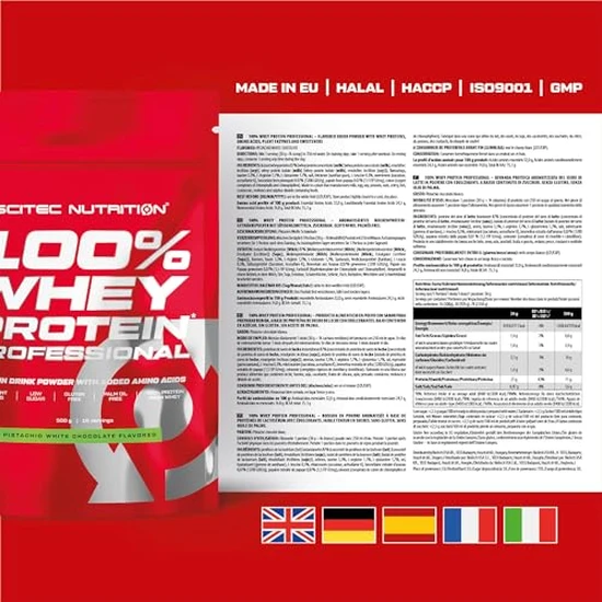 Scitec Nutrition 100% Whey Protein Professional Enhanced With Extra Amino Acids & Digestive Enzymes Gluten-Free, Pistachio-White Chocolate 500g